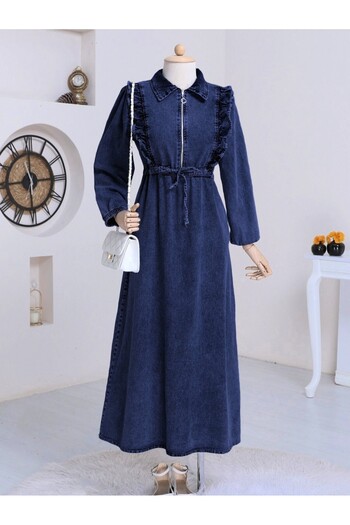 Modamorfo Robadan Ruffled Waist Gathered Denim Dress - Navy