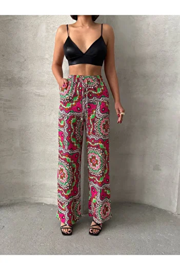 İLKCET MODA Patterned Wide Leg Viscose Women's Trousers