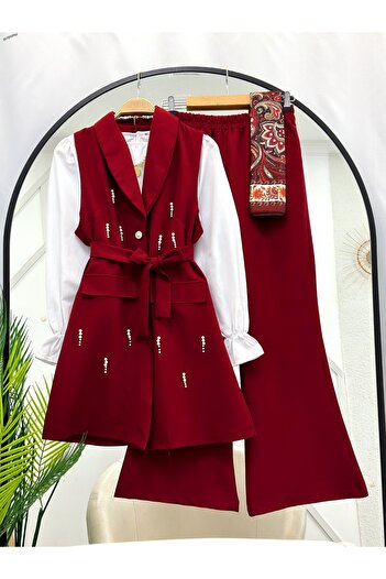 YEDİLALE Pearl Embroidered Vest Pants Double Set [Excluding Shirt]
