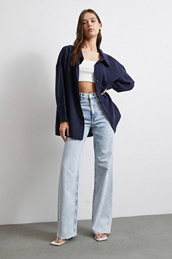Never more High Waist Lycra Cut Leg Jean Ice Blue