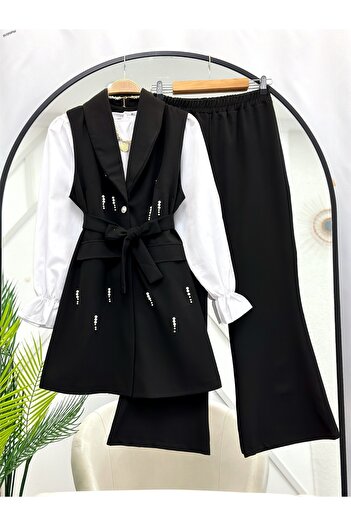 YEDİLALE Pearl Embroidered Vest Pants Double Set [Excluding Shirt]