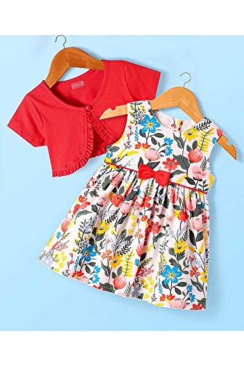 Babyhug Babyhug Cotton Woven Half Sleeves Shrug & Floral Printed Frock with Bow Applique - Red & White