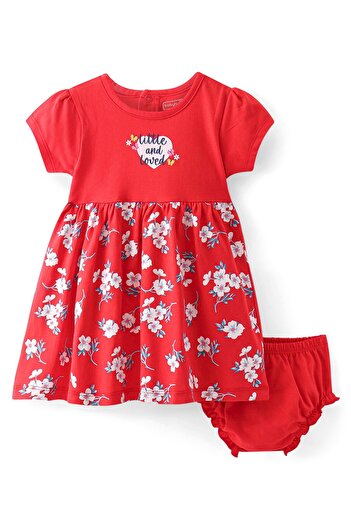 Babyhug Frock With Bloomer Floral Print - Red