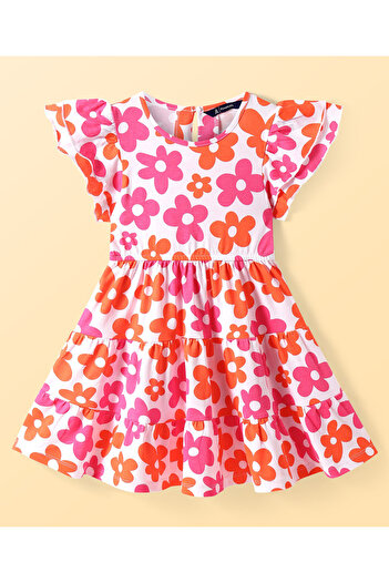 Pine kids Pine Kids Cotton Knit Frill Sleeves Frock with Floral Print - White