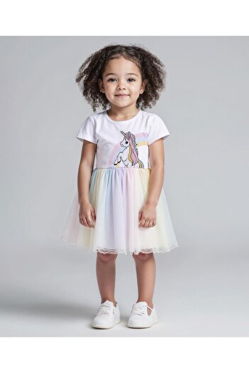 Bonfino Bonfino 100% Cotton Knit Half Sleeves Frock With Unicorn Embroidery - White