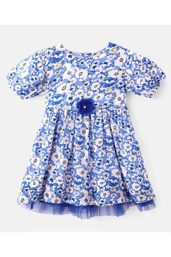 Babyhug Babyhug Rayon Woven Knit Half Sleeves Frock Floral Print - White & Blue