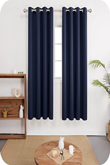 farbateks Navy Blue Rustic Curtain with Eyelet Ring Pipe Ring Decoration Curtain