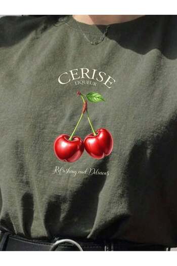 PENTHİLUS Women's 100% Cotton T-Shirt, Simple Cherry Print T-Shirt