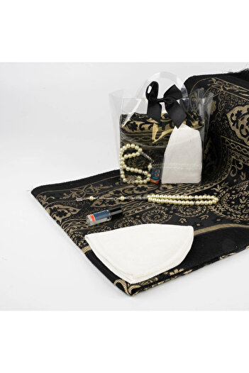 Hayrat Neşriyat Prayer Rug + Rosary + Skullcap + Essence Gift Set (Acetate Box with Bag, Black)