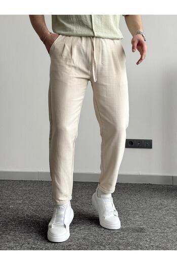 He Brand Men's Cream Boyfriend Double Leg Linen Trousers