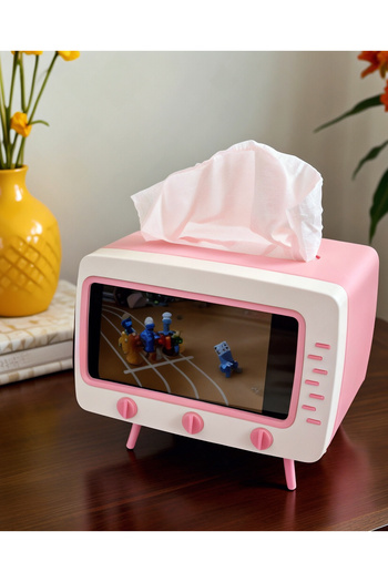 SandalyeDeposu Retro Tv Look Napkin Box, Phone Holder (Pink)
