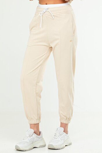 speedlife Beige Oversize Basic Cotton High Waist Rubber Leg Women's Tracksuit Bottom Sd1000