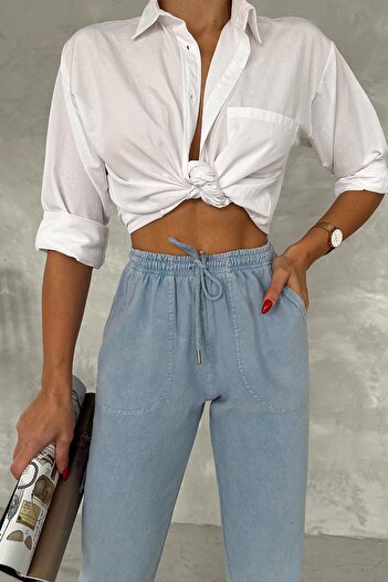 İstangül Butik High Waist Lace-Up Leg Detail Linen Trousers
