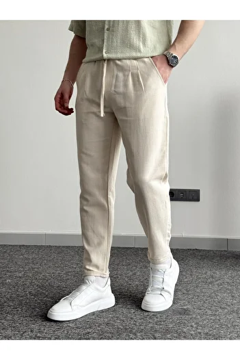 He Brand Men's Cream Boyfriend Double Leg Linen Trousers