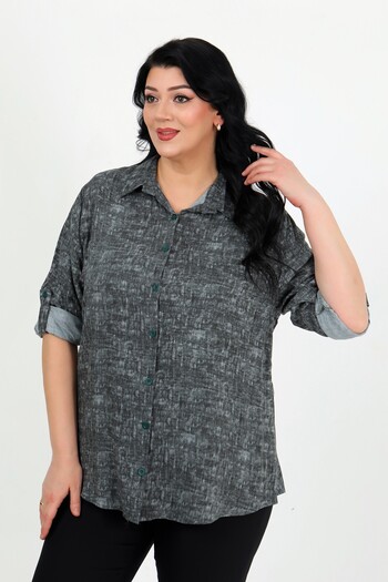 By Alba Collection Women's Gray Patterned Cotton Viscose Large Size Shirt