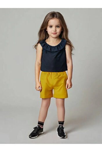 Moda Lina Baby Girl's Madonna Collar Blouse & Mustard Color Shorts