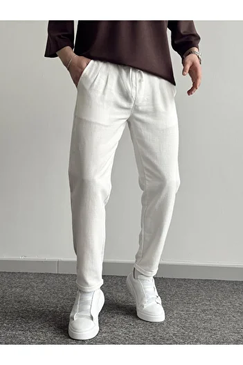 He Brand Men's White Boyfriend Double Leg Linen Trousers