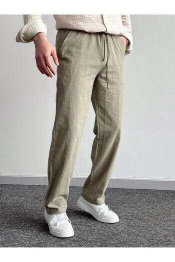 He Brand Men's Khaki Green Elastic Waist Linen Baggy Pants Comfortable Fit Baggy