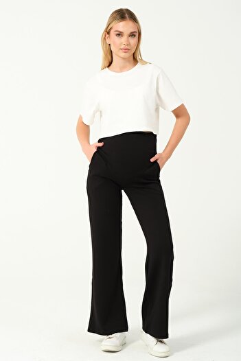 BUSA Maternity Waist Adjustable Modal Wide Leg Bottom Sweatpants Black