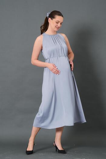 BUSA Maternity Waist Lace-Up Zero Sleeve Midi Length Satin Dress Gray