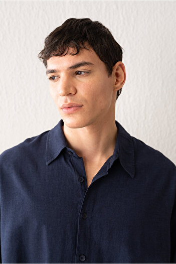 GIESTO Draped Linen Navy Blue Shirt