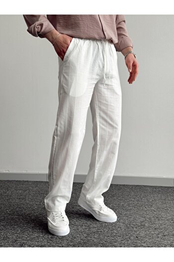 He Brand Men's White Elastic Waist Linen Baggy Pants Comfortable Fit Baggy