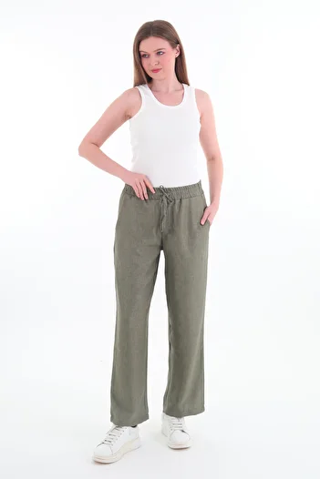 Rich Women's Linen Wide Leg Elastic Waist Khaki Trousers