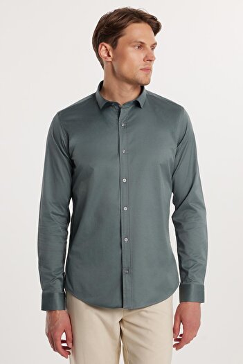 Tudors Cămașă verde pentru bărbați, slim fit, cu mânecă lungă din lycra, din satin de bumbac