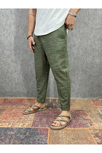 FıttingRoom Cotton Linen Khaki Baggy Trousers with Elastic Waist
