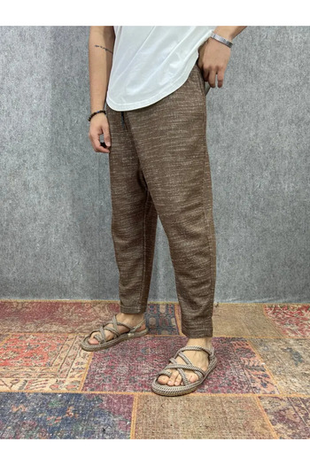FıttingRoom Cotton Linen Brown Baggy Trousers with Elastic Waist