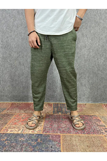 FıttingRoom Cotton Linen Khaki Baggy Trousers with Elastic Waist