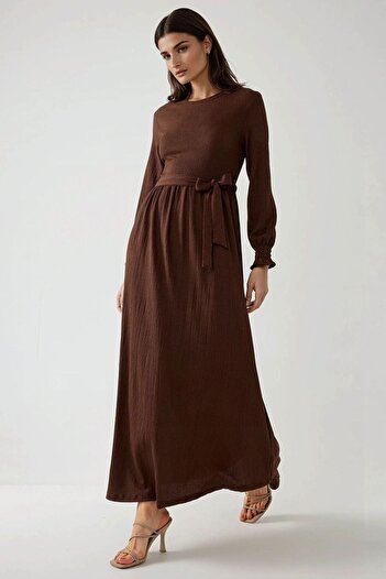 Hiccup Textured Crew Neck Belted Modest Dress
