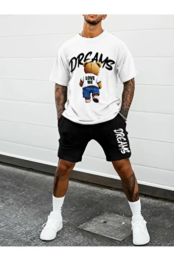 NEW TRENDY COLLECTİON Bear Patterned Men's Short Sleeve T-Shirt & Lace-Up Shorts Set of 2 with Sunglasses