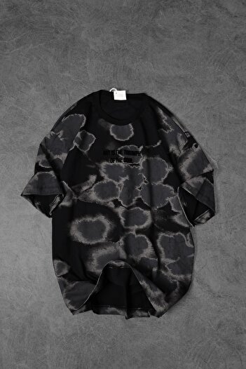 Slatra Men's Black Cloud Effect Flock Print Oversize Tshirt