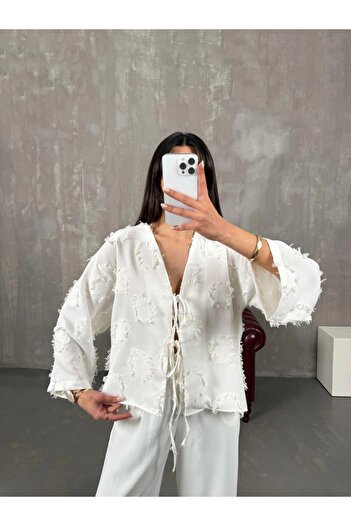 Lusin Women's White Tassel Detailed Tie-Up Premium Linen Shirt