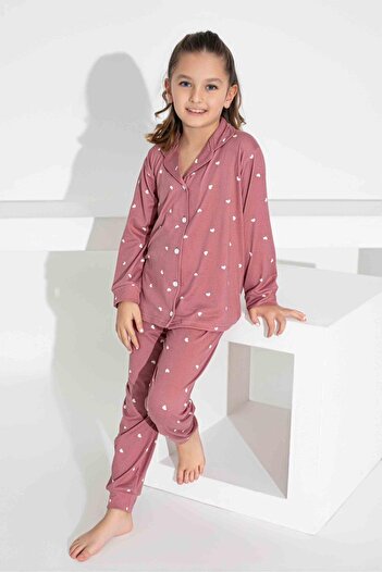 Tarık Girl's Heart Patterned Buttoned Long Sleeve Pijama Suit