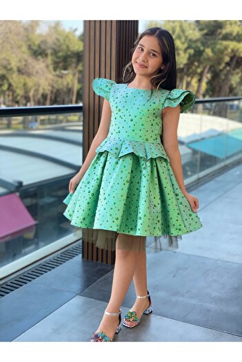 HÇ Hülya Çelik KİDSWEAR 2018 Kız Çocuk Bayramlık Doğum Günü Mezuniyet Abiye Yeşil Elbise