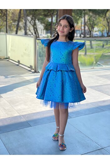 HÇ Hülya Çelik KİDSWEAR 2018 Kız Çocuk Bayramlık Doğum Günü Mezuniyet Abiye Mavi Elbise