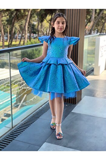 HÇ Hülya Çelik KİDSWEAR 2018 Kız Çocuk Bayramlık Doğum Günü Mezuniyet Abiye Mavi Elbise