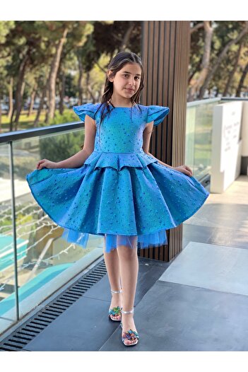 HÇ Hülya Çelik KİDSWEAR 2018 Kız Çocuk Bayramlık Doğum Günü Mezuniyet Abiye Mavi Elbise