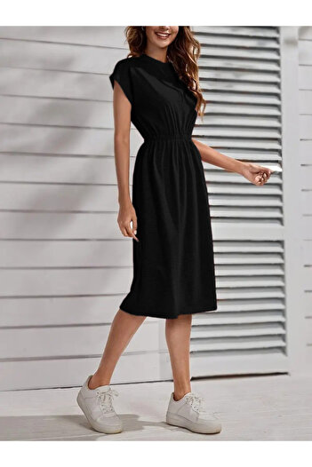 buğrahayalin Women's Short Sleeve Crew Neck Midi Viscose Dress with Elastic Waist