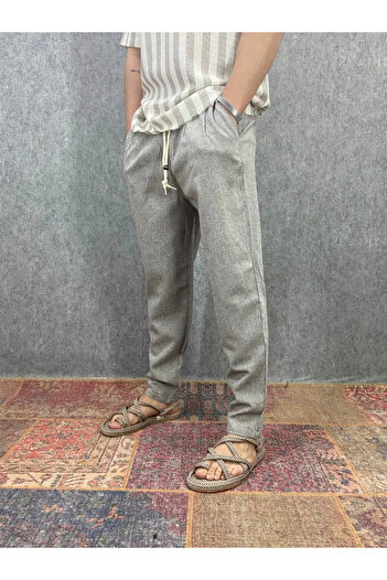 FıttingRoom Elastic Waist Double Leg Cotton Linen Soil Trousers