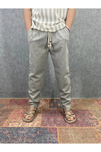 FıttingRoom Elastic Waist Double Leg Cotton Linen Soil Trousers