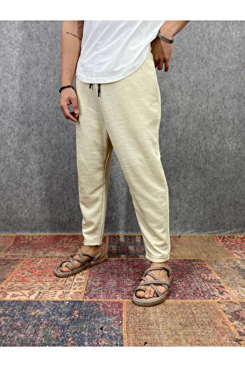 FıttingRoom Cotton Linen Cream Baggy Trousers with Elastic Waist