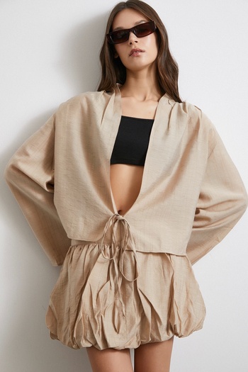 Never more Beige Wide Sleeve Front Tie Blouse