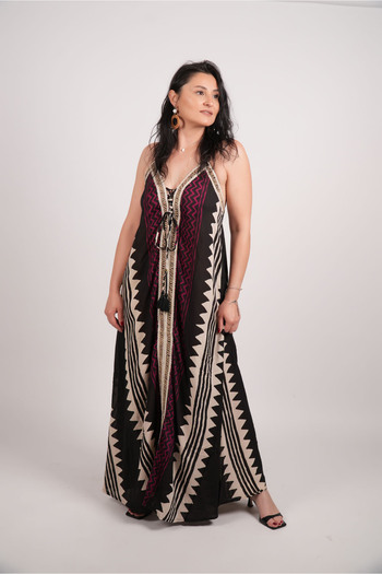 LaraLisa Collection Γυναικείο καλοκαιρινό φόρεμα με λουράκια στην πλάτη, μοτίβο κιλίμ και δέσιμο μπροστά