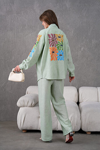 Miss Allos Women's Back and Sleeves Sequin Sequin Embroidered Linen Kimono Coat and Pants Bottom Top Suit