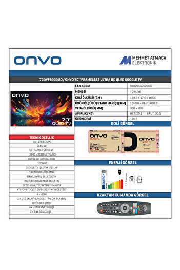 ONVO 70OVF9000UQ  70 inç 178 Ekran Uydu Alıcılı 4K Ultra HD Google Smart QLED TV