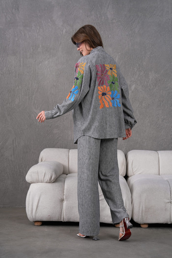 Miss Allos Women's Back and Sleeves Sequin Sequin Embroidered Linen Kimono Coat and Pants Bottom Top Suit