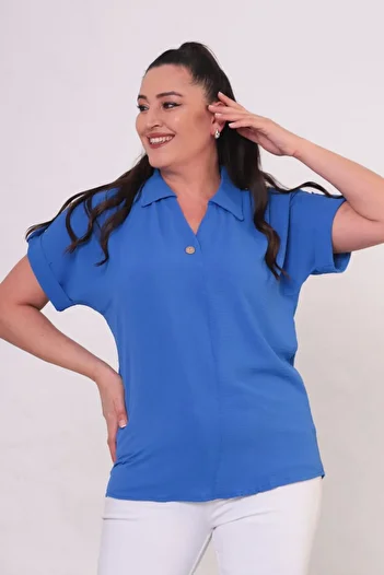 tarzımsüper Women's Plus Size Polo Neck Sleeve Part Buttoned Shirt Blouse